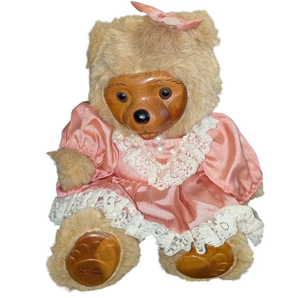 Robert Raikes Bears‎ Limited Edition Wooden Face Teddy Bear Pink Lace Dress 12in